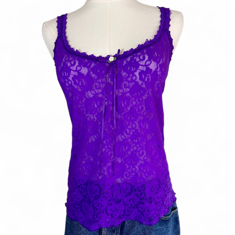 Y2K MORGAN TAYLOR Sheer Lace Rosette Cami Top Whimsigoth Indie Coquette 90s Sz L